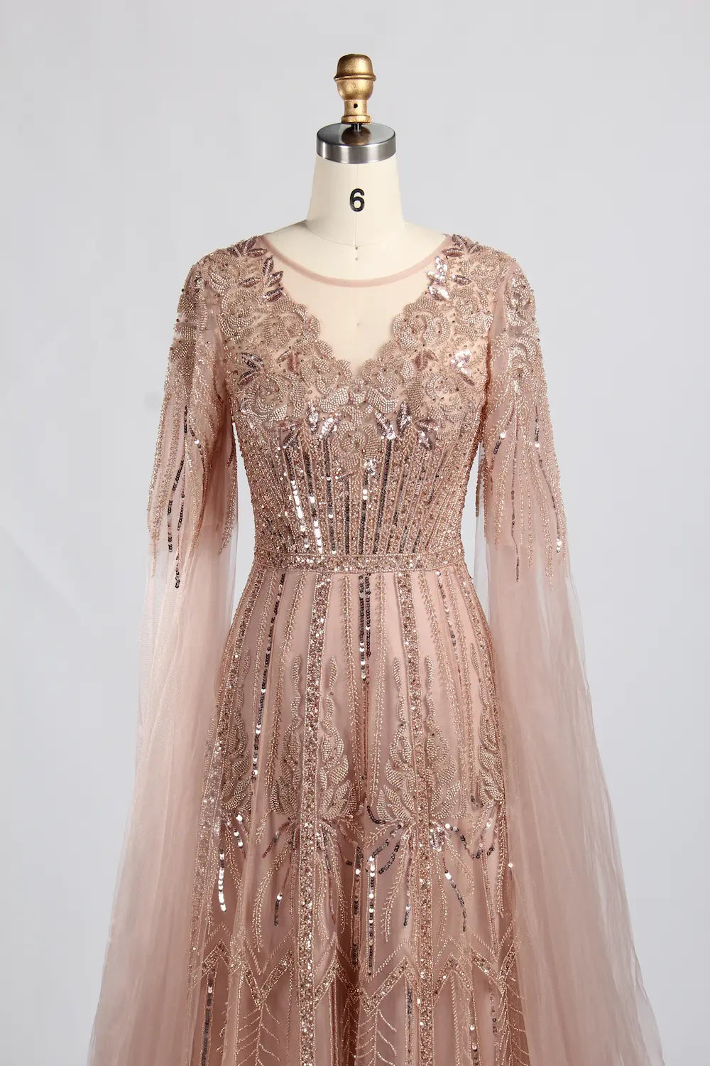 V-Neck Sequin Lace A-Line Draped Sleeves Mother of the Bride Dress KY058