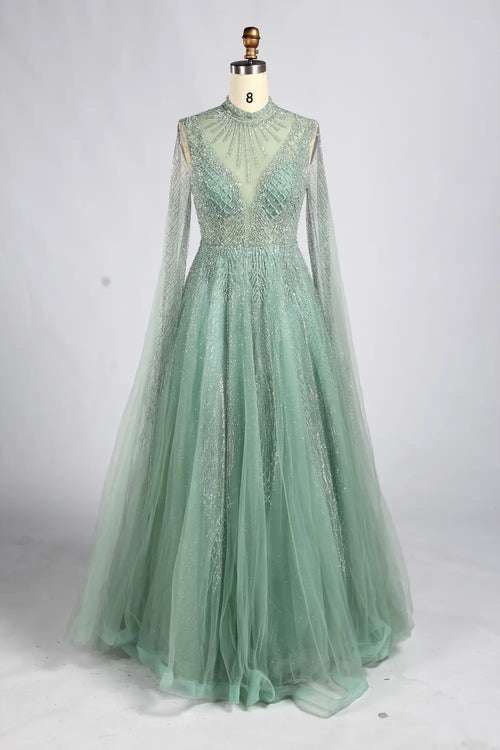 Dusty green beaded long-sleeve A-line mother of the bride dress with V neckline