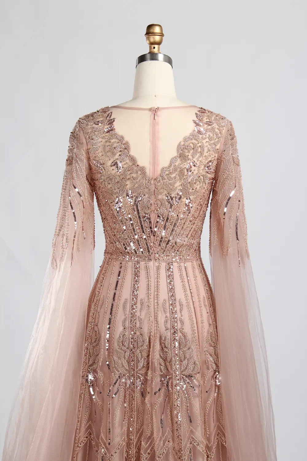 V-Neck Sequin Lace A-Line Draped Sleeves Mother of the Bride Dress KY058