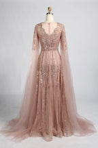 V-Neck Sequin Lace A-Line Draped Sleeves Mother of the Bride Dress KY058