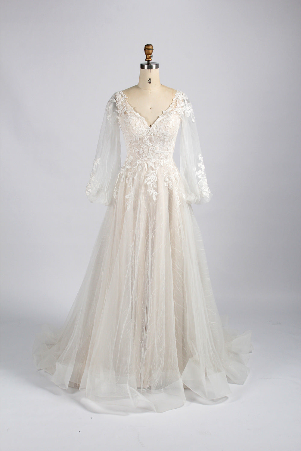 Wholesale Sheer Sleeve Lace Tulle Wedding Dress tg012