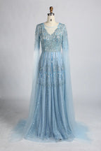 V-Neck Sequin Lace A-Line Draped Sleeves Mother of the Bride Dress KY058