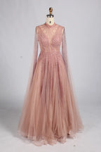 Elegant Champagne Beaded Long Sleeve A-Line Mother of the Bride Dress MK173