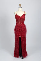 Sparkly V-Neck Sequin Sheath Feather Trim Slit Evening Dress MC067