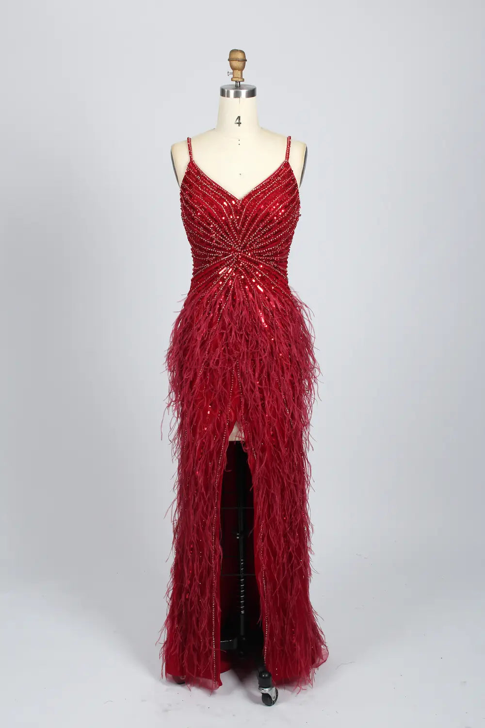 Sparkly V-Neck Sequin Sheath Feather Trim Slit Evening Dress MC067