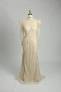 Champagne Beaded High Neck Long Sleeve Sheath Mother of the Bride Dress MK129