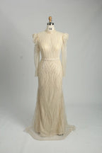 Champagne Beaded High Neck Long Sleeve Sheath Mother of the Bride Dress MK129