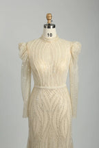 Champagne Beaded High Neck Long Sleeve Sheath Mother of the Bride Dress MK129