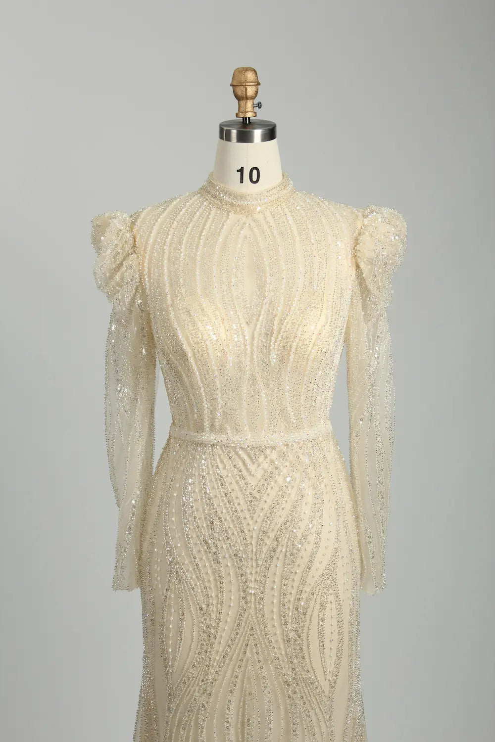 Champagne Beaded High Neck Long Sleeve Sheath Mother of the Bride Dress MK129
