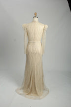 Champagne Beaded High Neck Long Sleeve Sheath Mother of the Bride Dress MK129