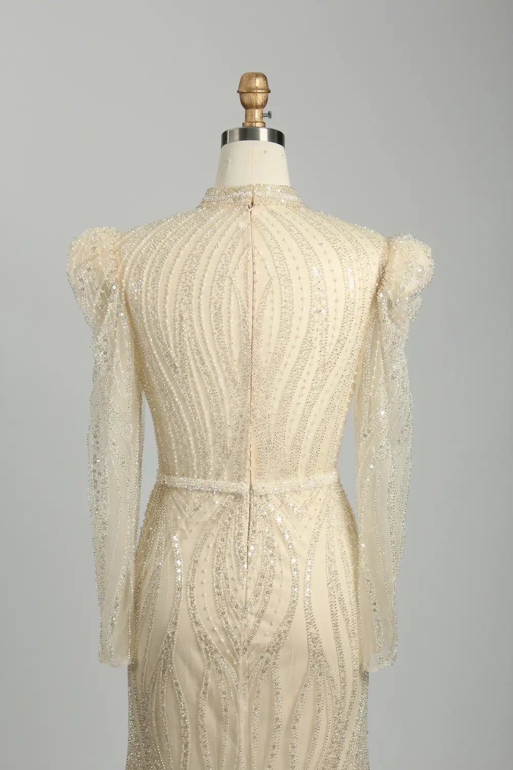 Champagne Beaded High Neck Long Sleeve Sheath Mother of the Bride Dress MK129