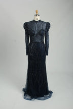 Champagne Beaded High Neck Long Sleeve Sheath Mother of the Bride Dress MK129