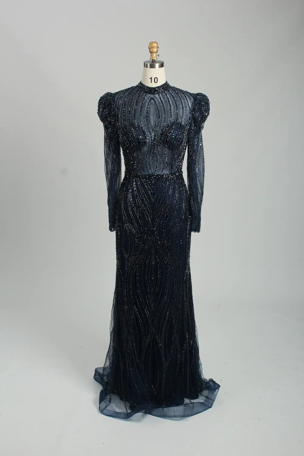 Champagne Beaded High Neck Long Sleeve Sheath Mother of the Bride Dress MK129