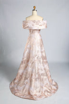 Off-shoulder A-line mother of the bride dress in blush brocade with full skirt
