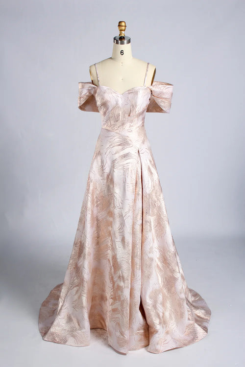 Off-shoulder bodice with wide sleeves on blush brocade A-line mother dress