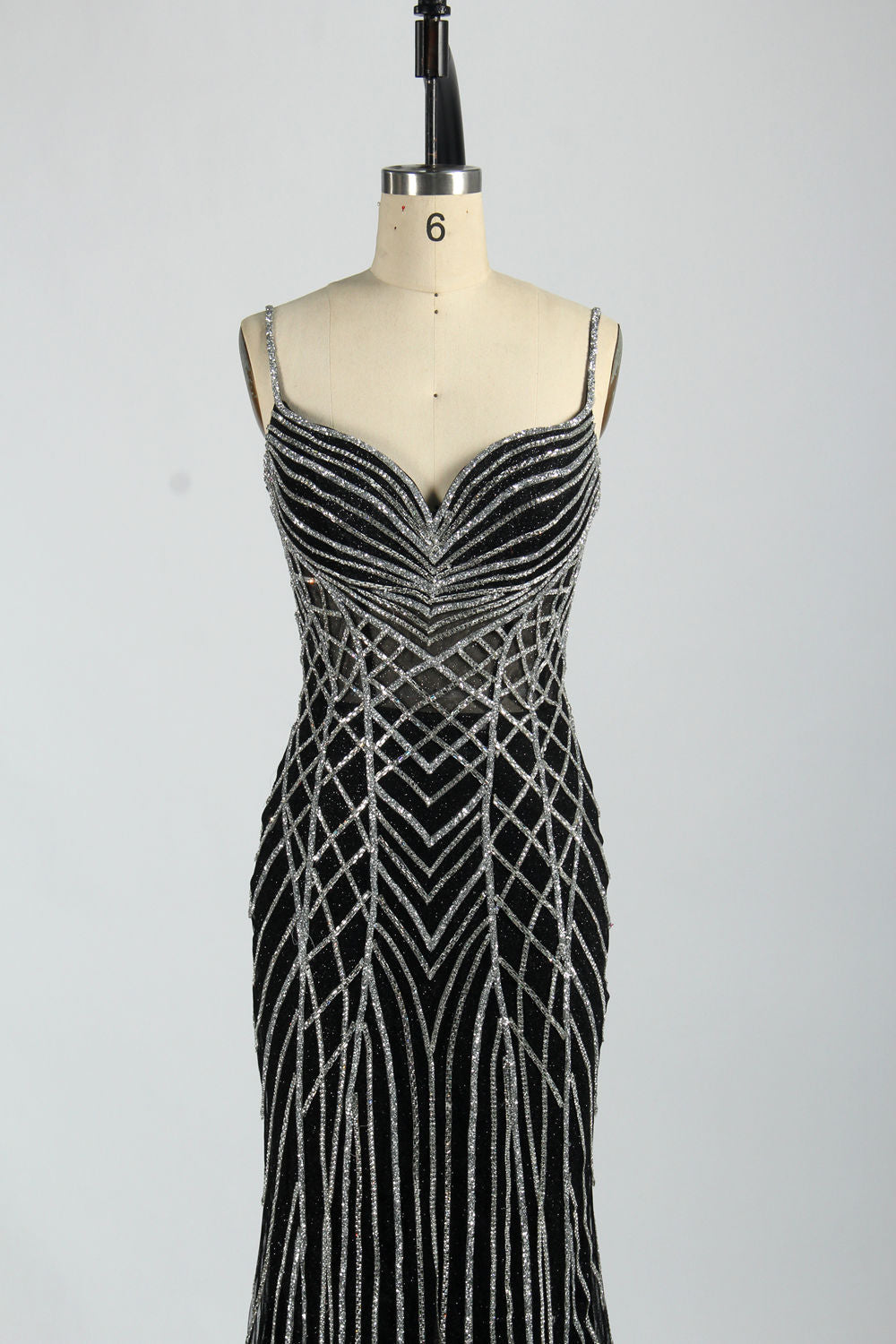Wholesale Luxe Black Mermaid Gown with Gleaming Strips 33078