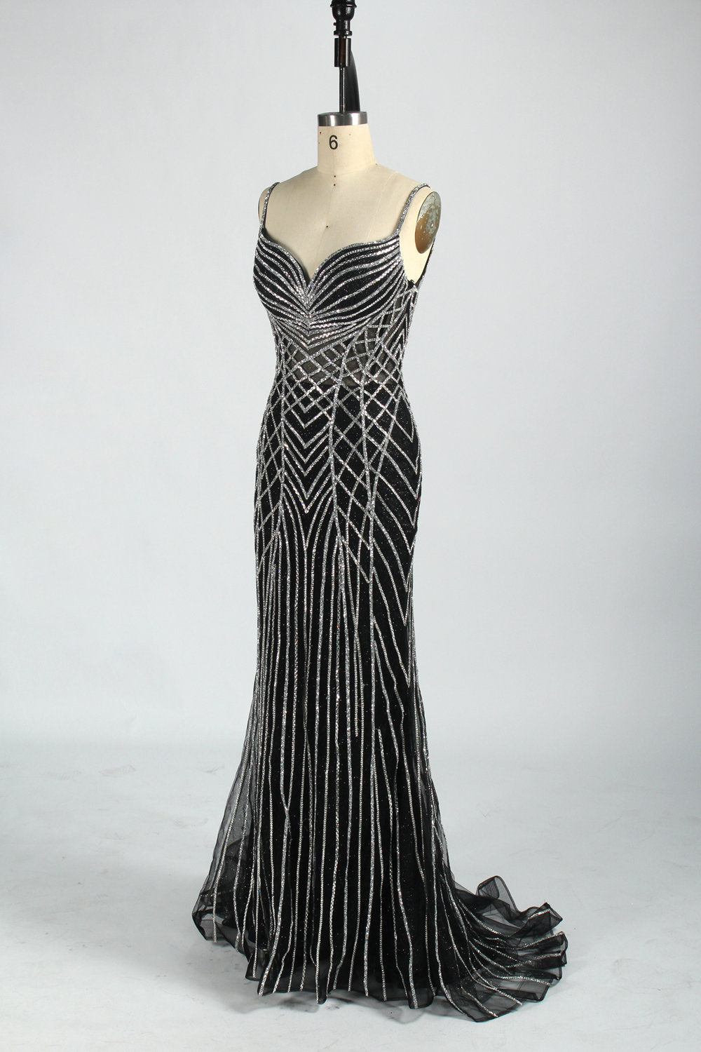 Wholesale Luxe Black Mermaid Gown with Gleaming Strips 33078