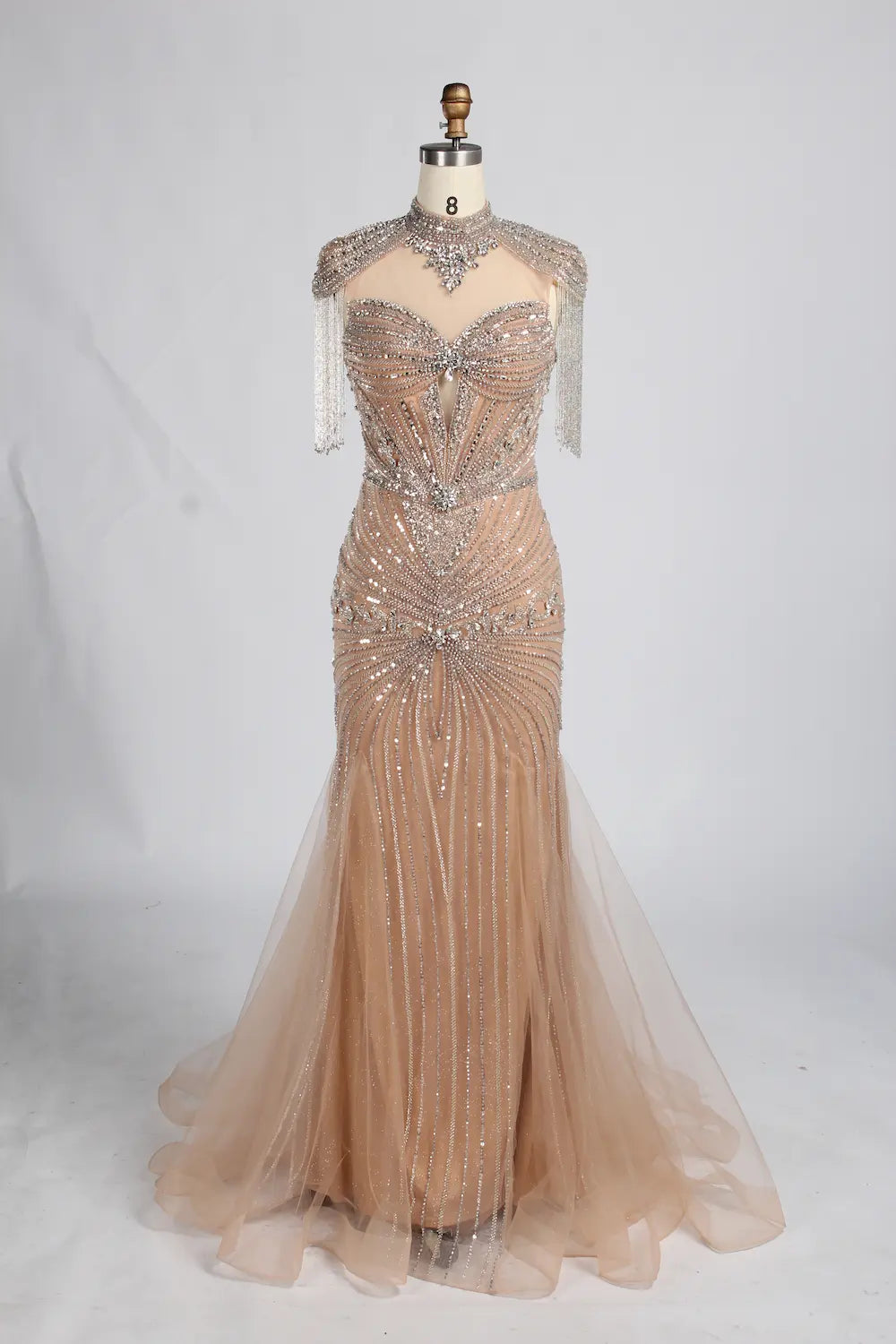 Champagne High-Neck Crystal Beaded Mermaid Mother of the Bride Gown MC162