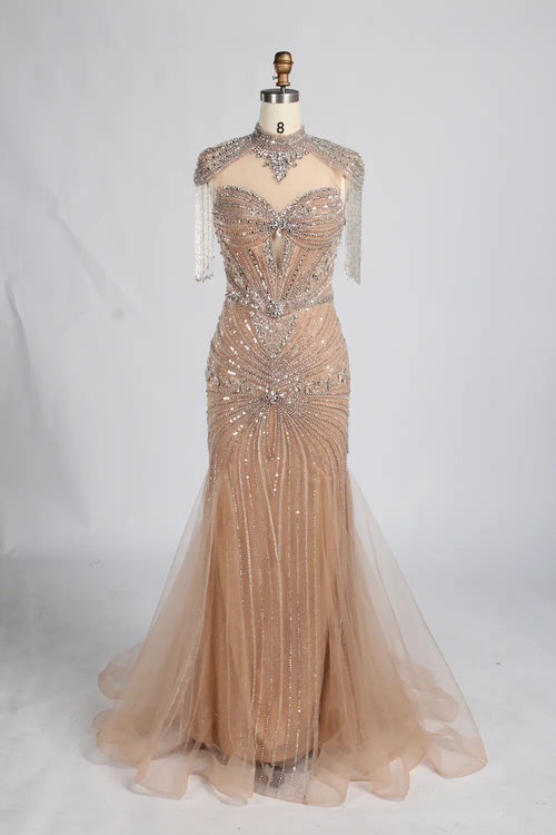 Champagne high-neck crystal beaded mermaid gown with sheer fringe sleeves