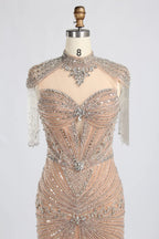 Champagne High-Neck Crystal Beaded Mermaid Mother of the Bride Gown MC162