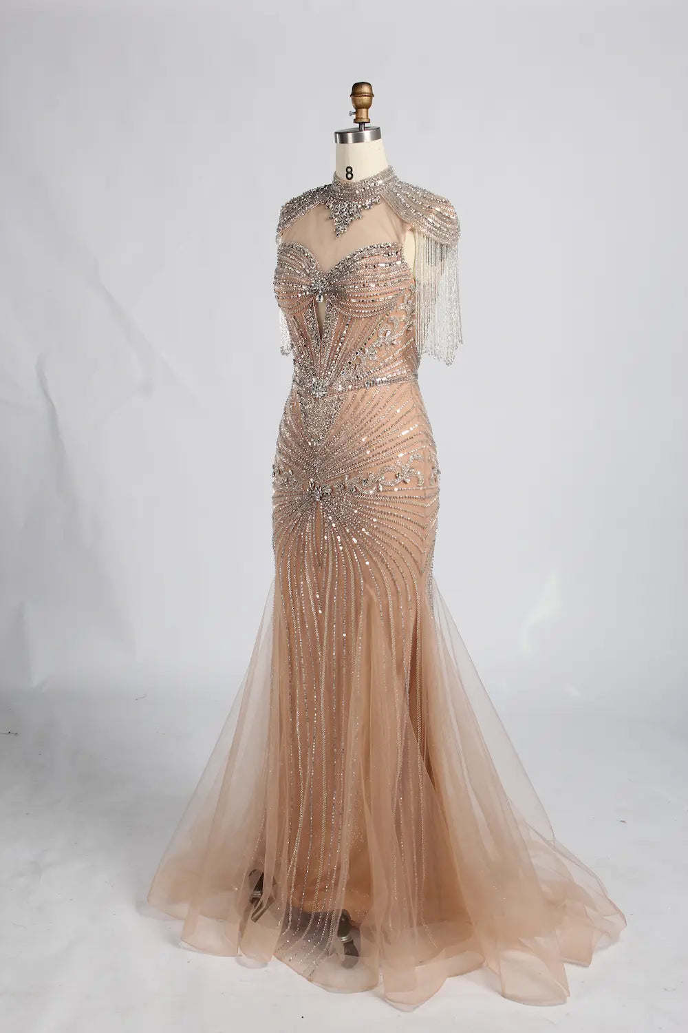 Champagne High-Neck Crystal Beaded Mermaid Mother of the Bride Gown MC162