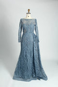 Dusty Blue Beaded Long Sleeve Mother of the Bride Dress MK107