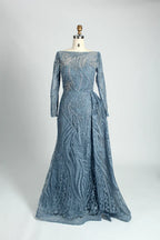 Dusty Blue Beaded Long Sleeve Mother of the Bride Dress MK107