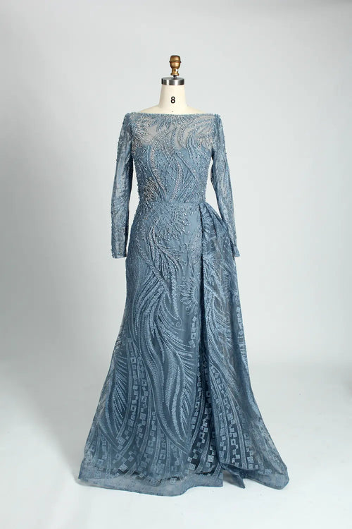 Dusty blue beaded long-sleeve dress with bateau neckline and full skirt