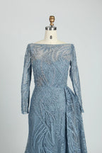 Dusty Blue Beaded Long Sleeve Mother of the Bride Dress MK107