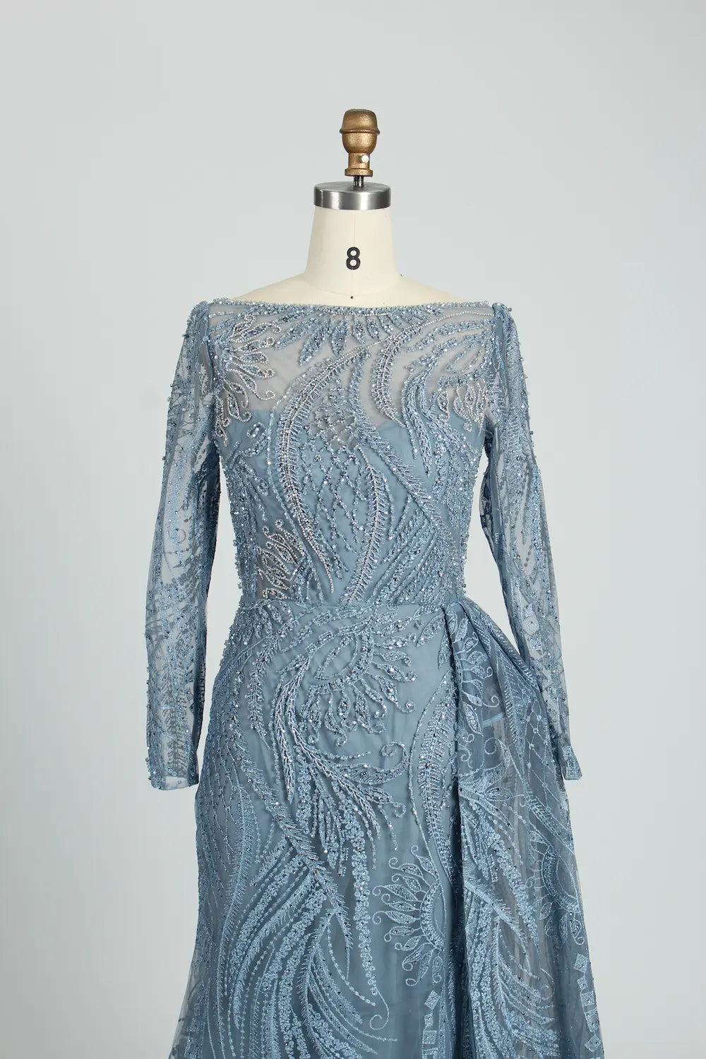 Dusty Blue Beaded Long Sleeve Mother of the Bride Dress MK107