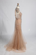 Champagne High-Neck Crystal Beaded Mermaid Mother of the Bride Gown MC162