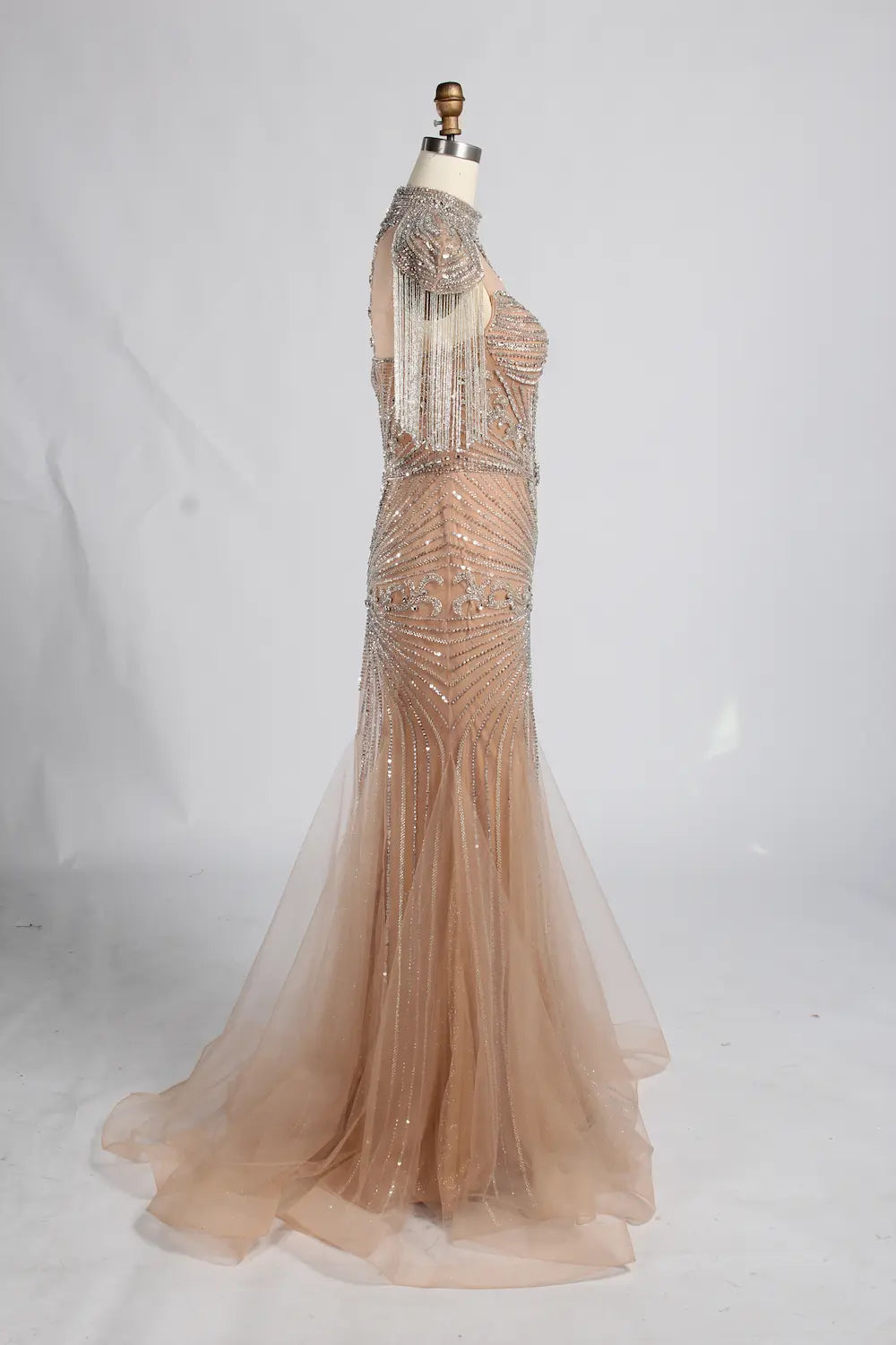 Champagne High-Neck Crystal Beaded Mermaid Mother of the Bride Gown MC162