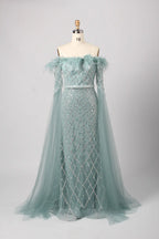Exquisite Off-the-Shoulder Beaded Long Sleeve Green Mother of the Bride Dress KY026