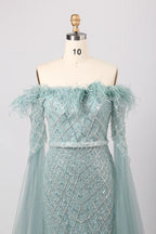 Exquisite Off-the-Shoulder Beaded Long Sleeve Green Mother of the Bride Dress KY026