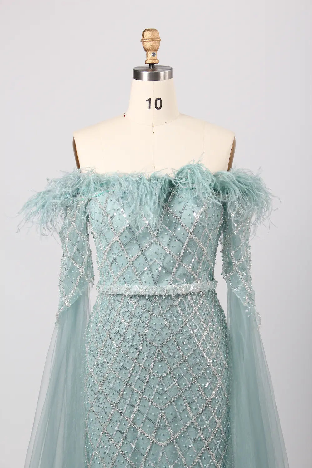 Exquisite Off-the-Shoulder Beaded Long Sleeve Green Mother of the Bride Dress KY026