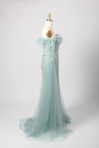 Exquisite Off-the-Shoulder Beaded Long Sleeve Green Mother of the Bride Dress KY026