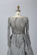 Luxury Silver Grey Beaded Long Sleeves Mother of the Bride Evening Dress MK072