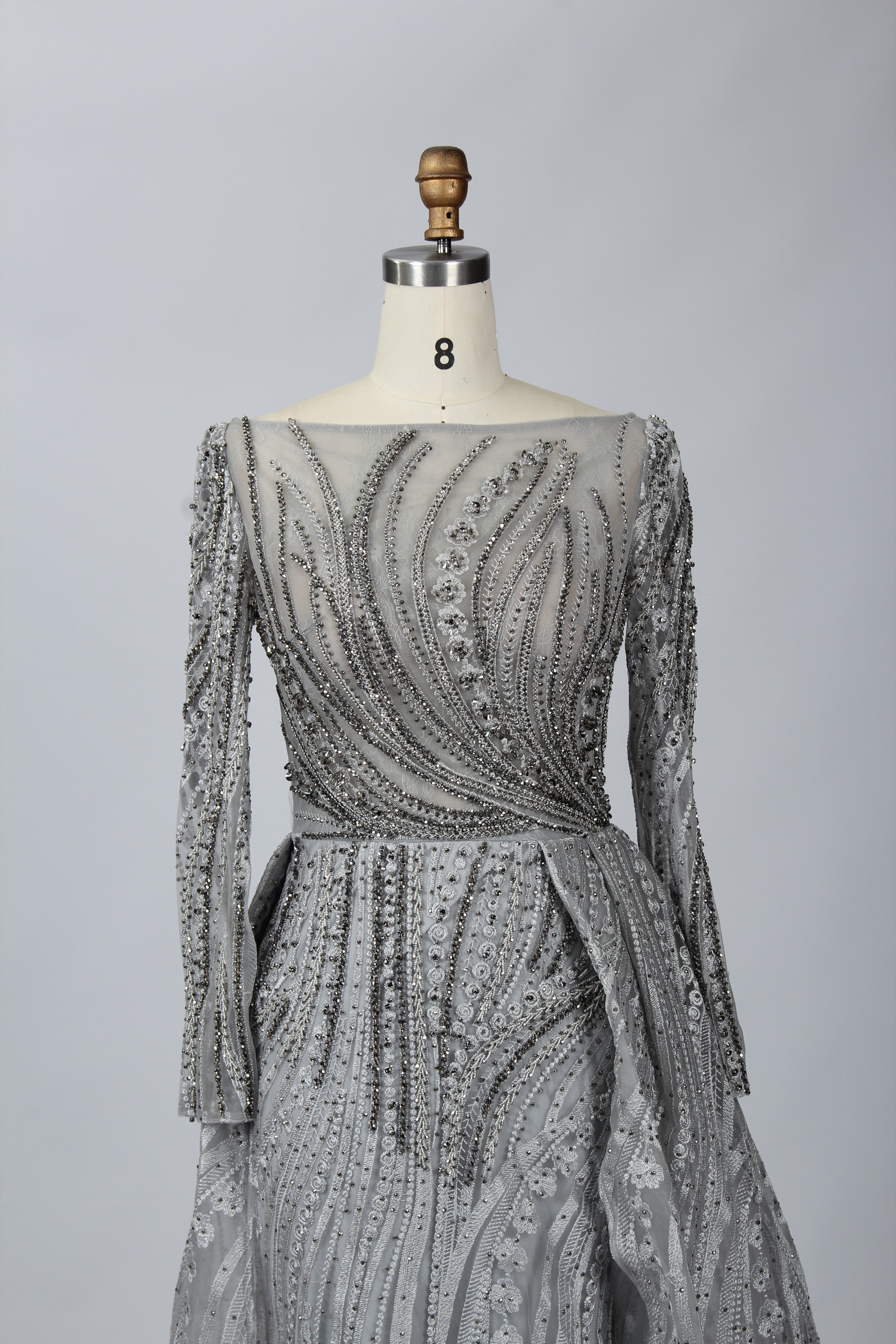 Luxury Silver Grey Beaded Long Sleeves Mother of the Bride Evening Dress MK072