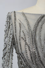 Luxury Silver Grey Beaded Long Sleeves Mother of the Bride Evening Dress MK072