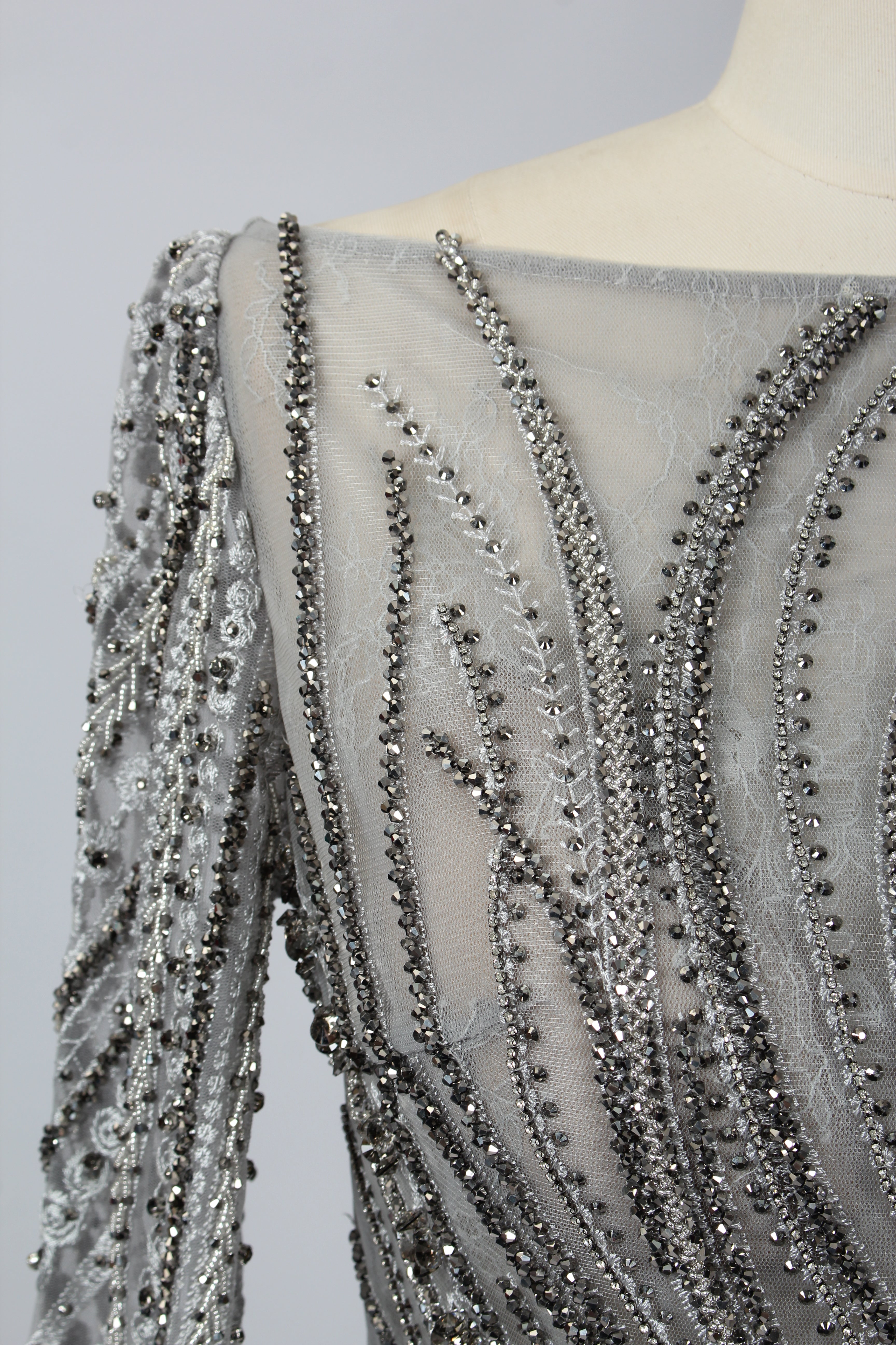 Luxury Silver Grey Beaded Long Sleeves Mother of the Bride Evening Dress MK072