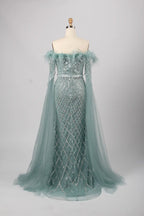 Exquisite Off-the-Shoulder Beaded Long Sleeve Green Mother of the Bride Dress KY026