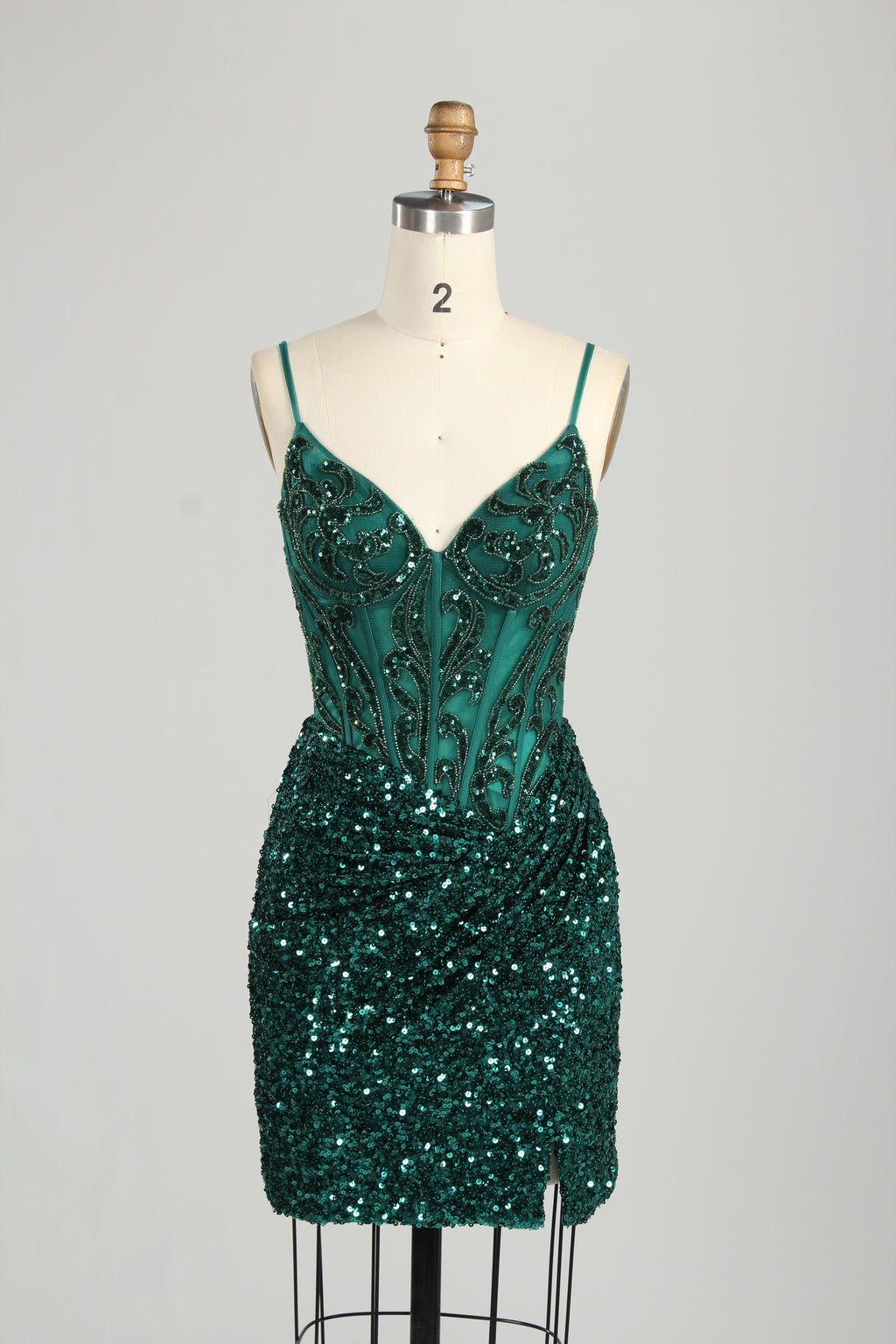 Wholesale Emerald Green Sequin Spaghetti-Strap Homecoming Dress d-131s