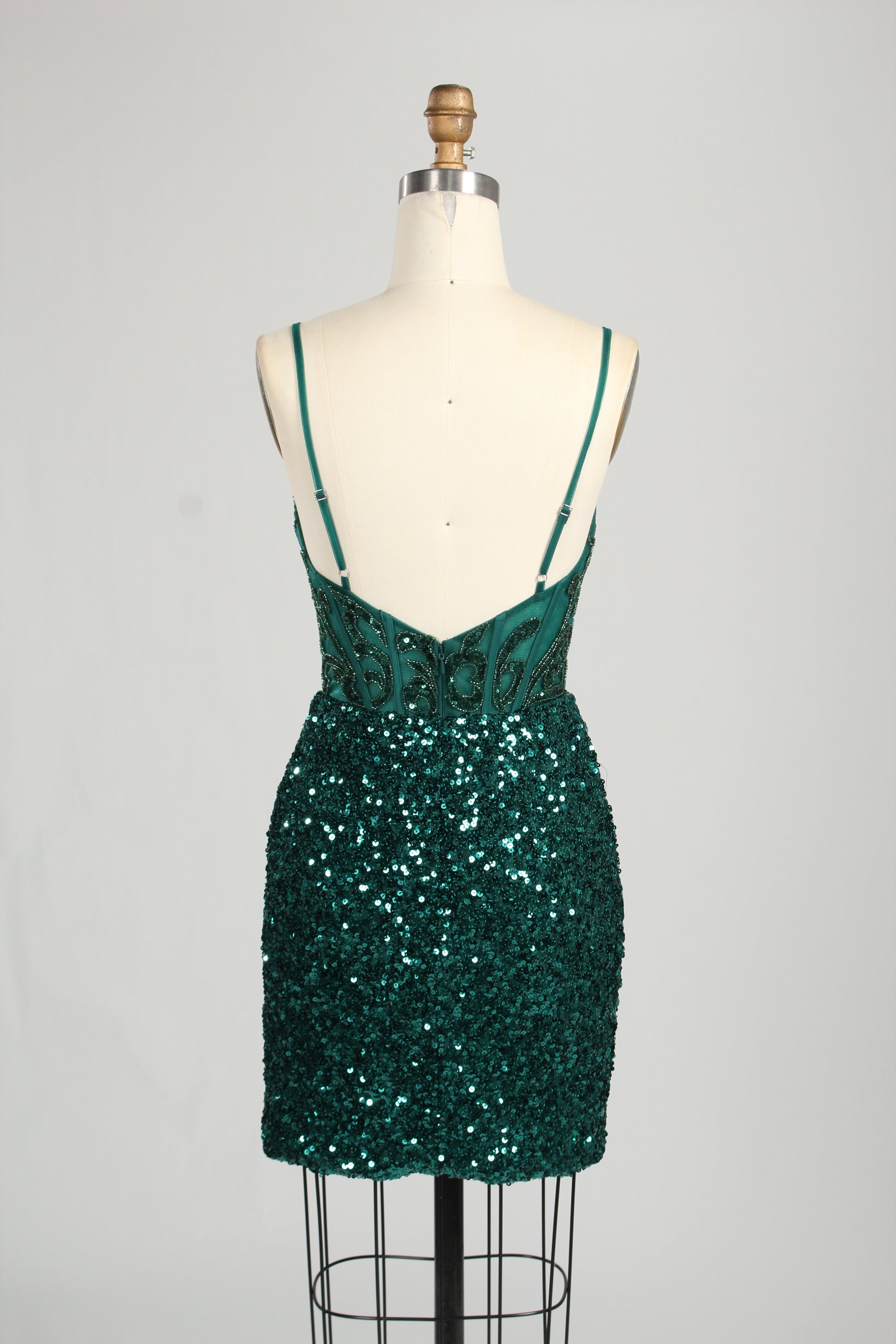 Wholesale Emerald Green Sequin Spaghetti-Strap Homecoming Dress d-131s