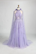 Beaded Halter Neck A-Line Light Blue Cape Mother of the Bride Dress MC134