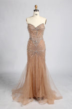 Nude Gold High-Neck Beaded Tassel Sleeves Mermaid Mother of the Bride Gown MC162B