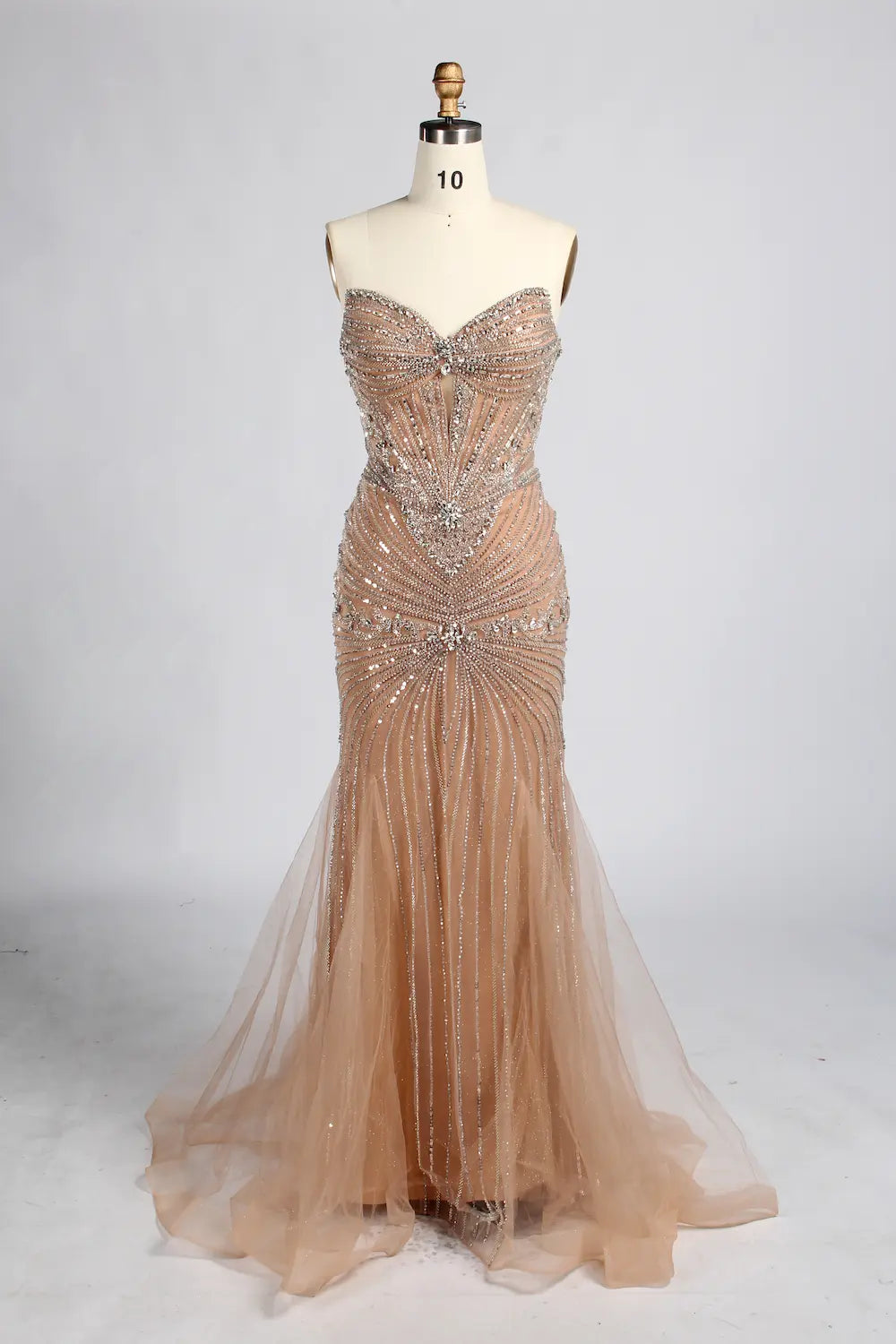 Nude Gold High-Neck Beaded Tassel Sleeves Mermaid Mother of the Bride Gown MC162B