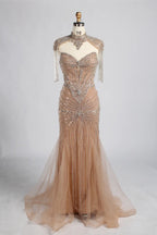 Nude Gold High-Neck Beaded Tassel Sleeves Mermaid Mother of the Bride Gown MC162B