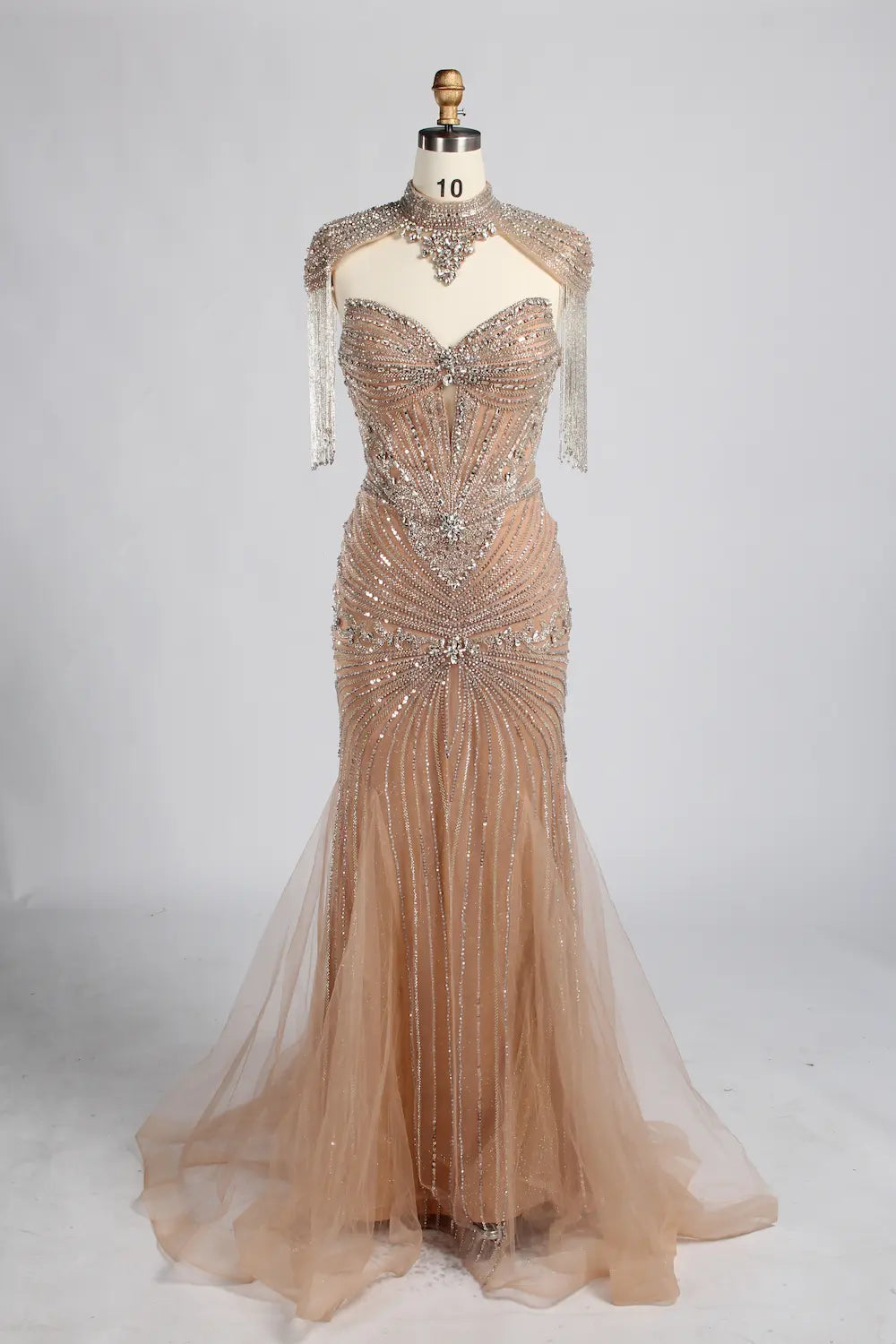 Nude Gold High-Neck Beaded Tassel Sleeves Mermaid Mother of the Bride Gown MC162B