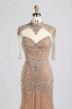 Nude Gold High-Neck Beaded Tassel Sleeves Mermaid Mother of the Bride Gown MC162B