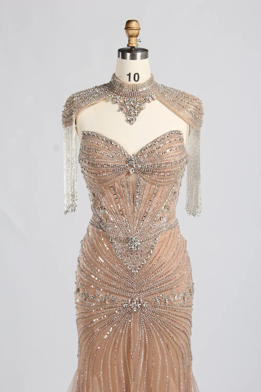 Nude Gold High-Neck Beaded Tassel Sleeves Mermaid Mother of the Bride Gown MC162B